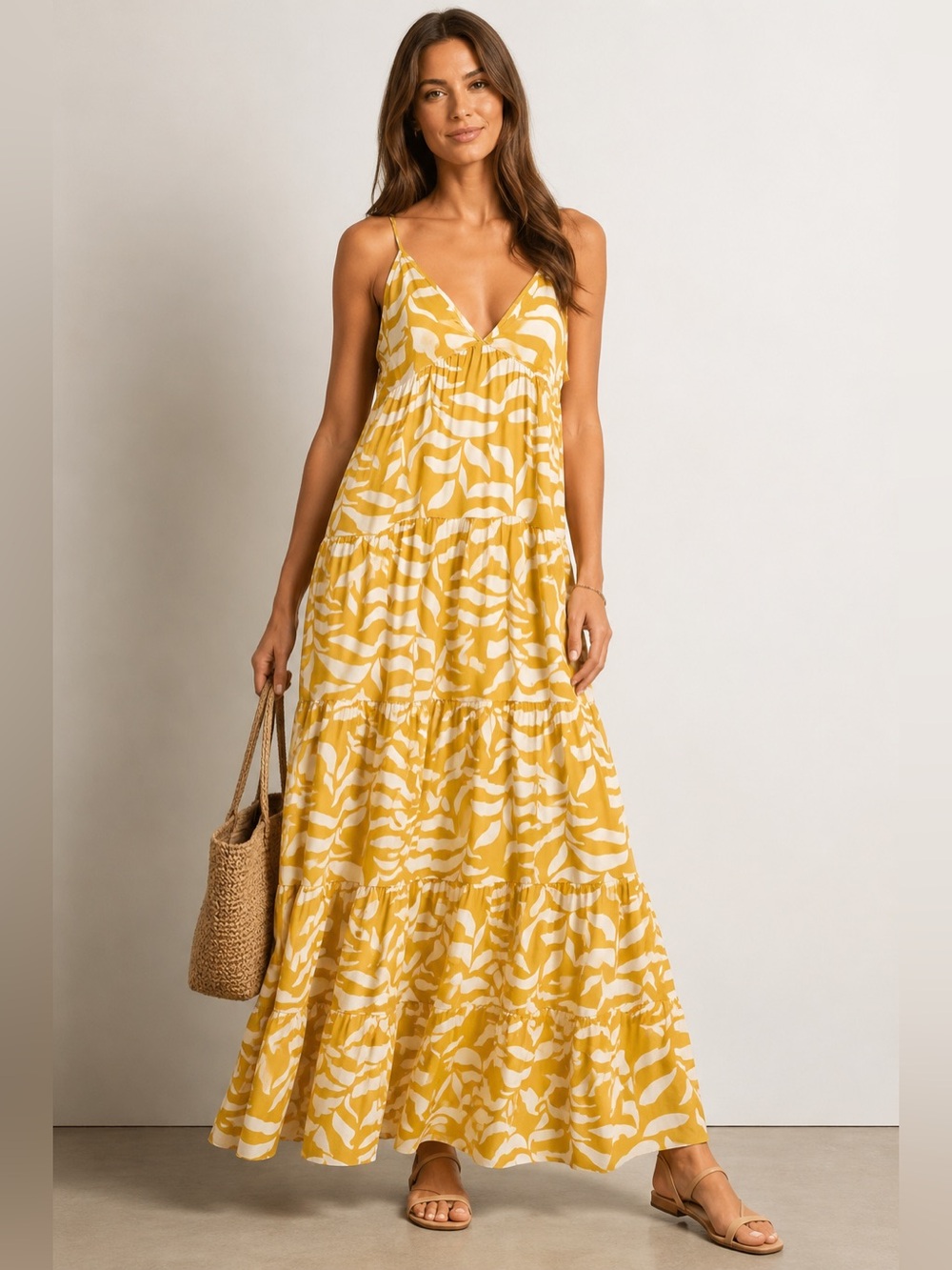 NWT MSK Yellow Abstract Print Tiered Rayon Maxi Dress Size Medium